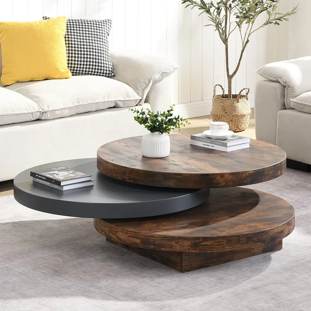 Triplo Round Rotating Coffee Table - Rustic Oak, Grey