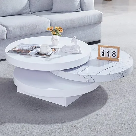 Triplo Round Rotating Coffee Table - Vida Marble Effect
