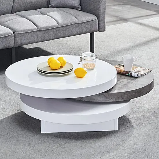 Triplo Round Rotating Coffee Table - White, Concrete Effect