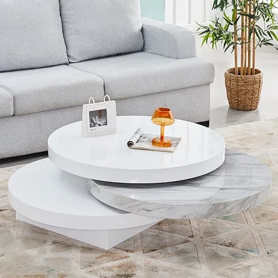 Triplo Round Rotating Coffee Table - White, Magnesia Marble