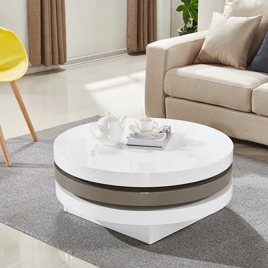 Triplo Round Rotating Coffee Table - White, Stone