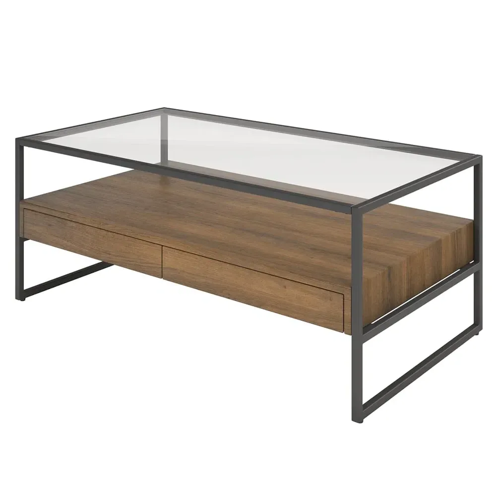 Tucson Clear Glass Coffee Table with 2 Drawers - Glass, Wood
