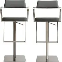 Turlock Bar Stools In Pair - Grey, Leather