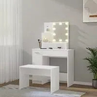 Udell Dressing Table Set with LED Lights - White, Engineered Wood