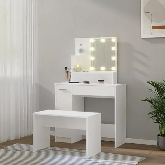 Udell Dressing Table Set with LED Lights - White, Engineered Wood