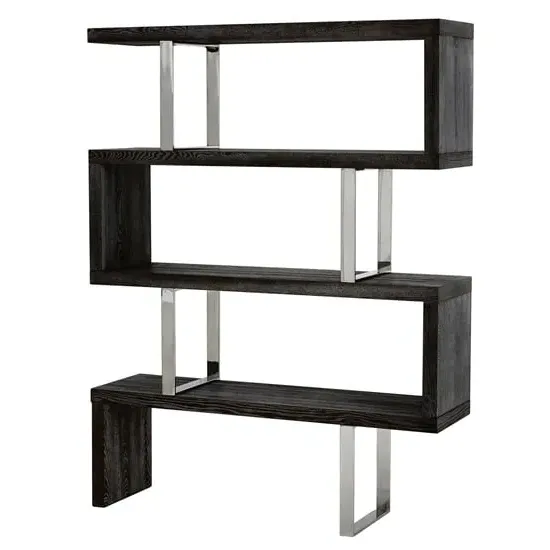Ulmos 4-Tier Shelving Unit with Steel Frame - Black, Elm Wood image