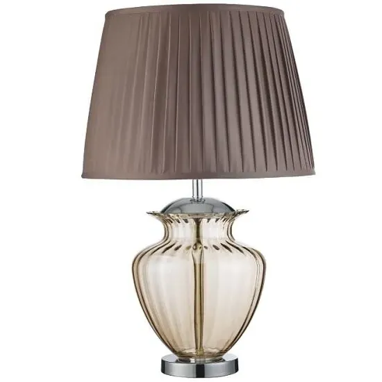 Urn Table Lamp with Pleated Shade - Chrome, Amber Glass image