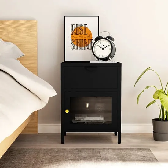 Utara Steel Bedside Cabinet with 1 Door 1 Drawer - Black image