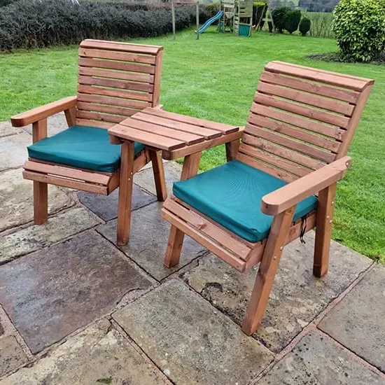 Vail Angled Love Seat with Green Cushions - Swedish Redwood