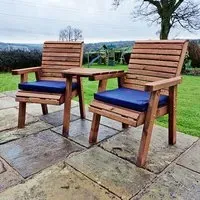 Vail Angled Love Seat with Navy Cushions - Swedish Redwood