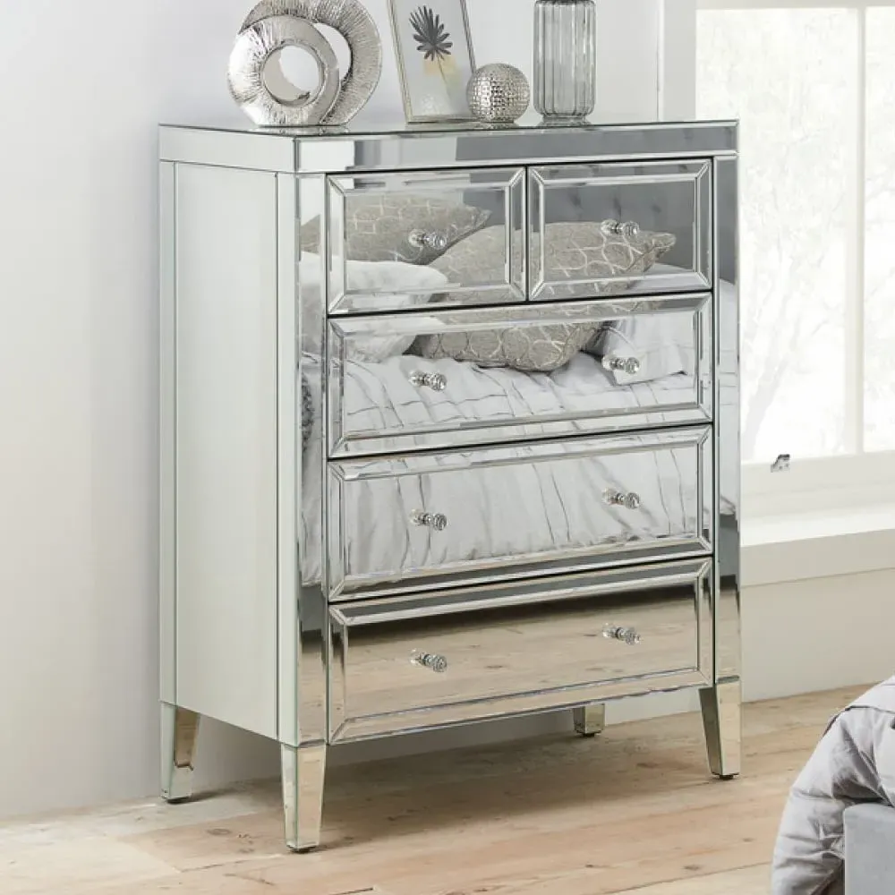 Valence Wide 5-Drawer Chest - Silver, Mirrored