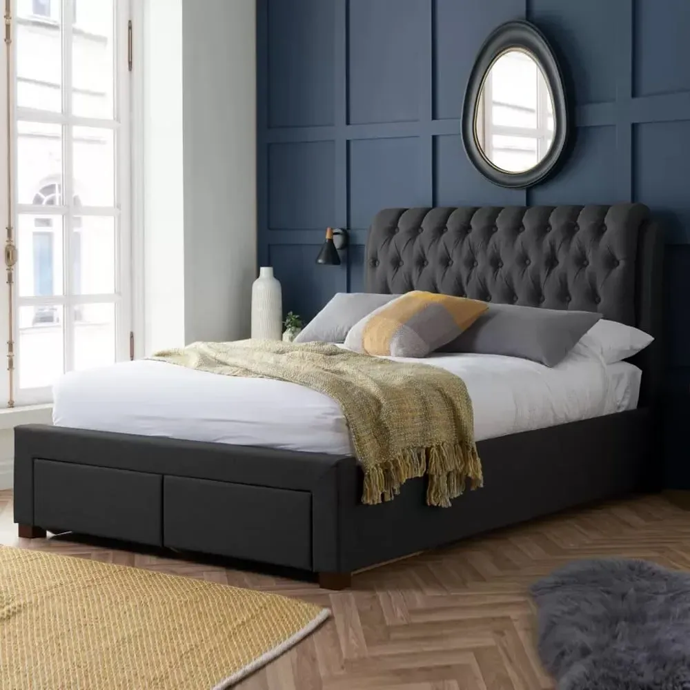 Valentina Double Bed with 2 Drawers - Charcoal, Fabric