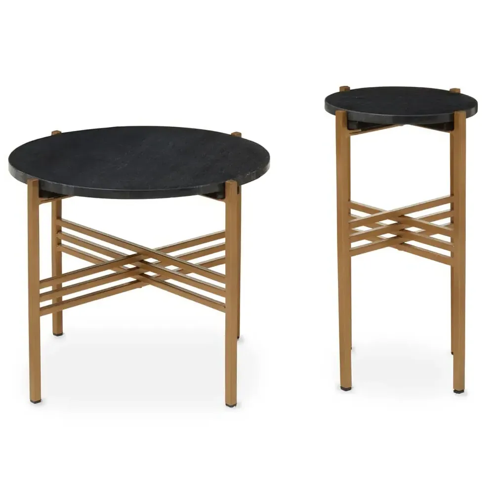 Valrico Round Nesting Side Tables - Black, Marble