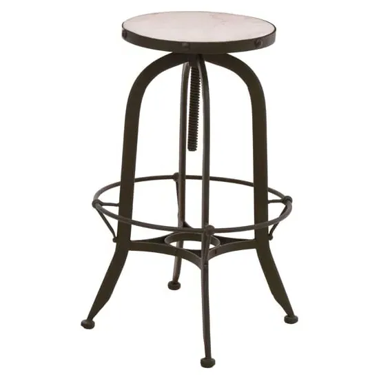 Vance Round Bar Stool with Footrest - White Marble, Black Iron