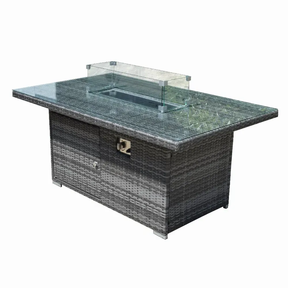 Vandalia Rectangular Firepit Dining Table - Grey, Glass