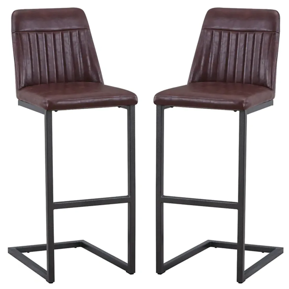 Vandalia Vintage Bar Stools Pair with Footrest - Brown, Leather image
