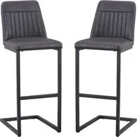 Vandalia Vintage Bar Stools Pair with Footrest - Grey, Leather