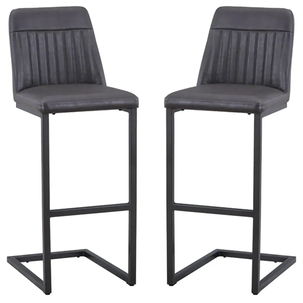 Vandalia Vintage Bar Stools Pair with Footrest - Grey, Leather