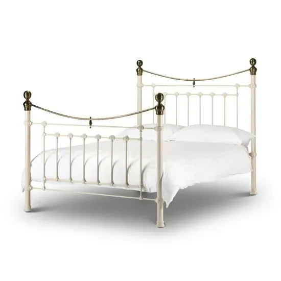 Vangie Double Bed Frame with Brass Details - Stone White, Metal
