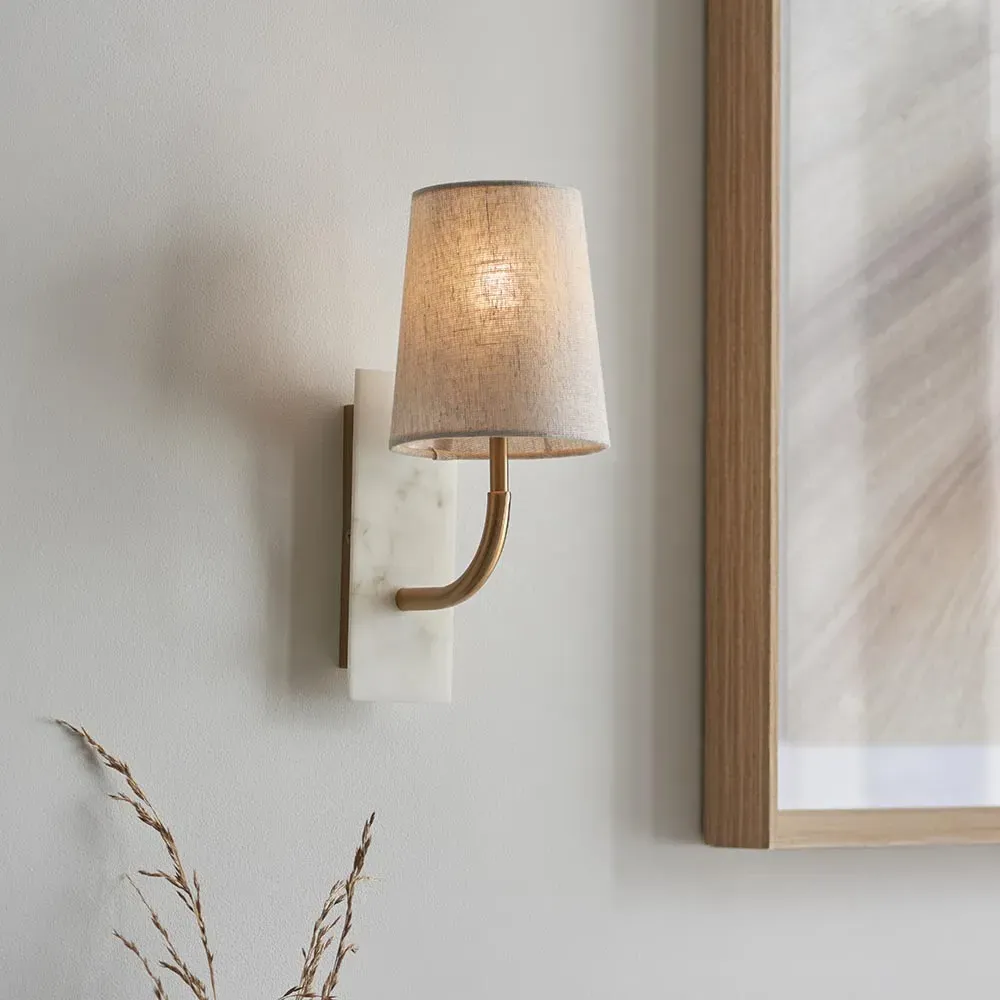 Vashon Curved Wall Light with Marble Base - Brass, Fabric product