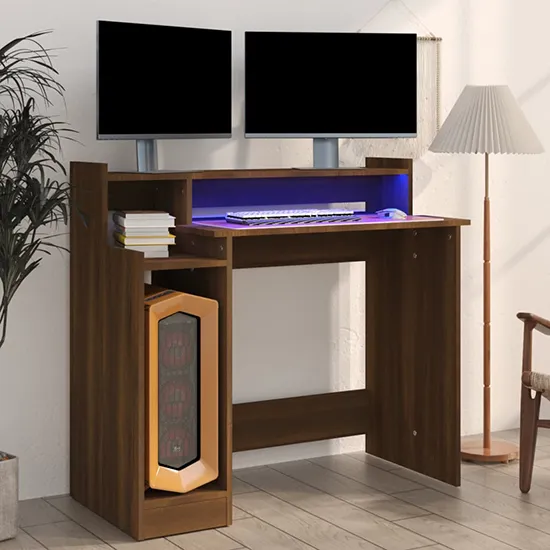 Velez Computer Desk with LED Lights - Brown Oak image