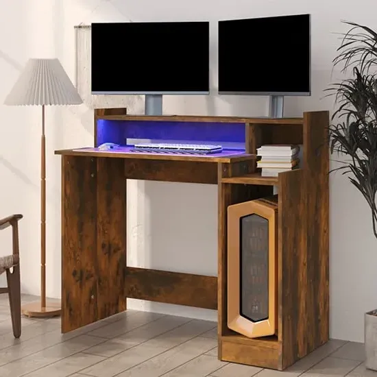 Velez Computer Desk with LED Lights - Smoked Oak