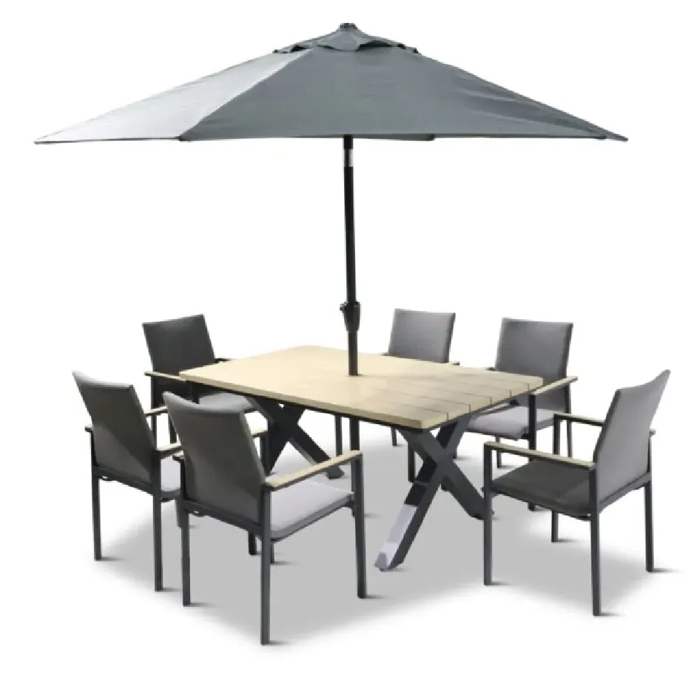 Venice 6-Seater Garden Dining Set with Parasol - Black Oak