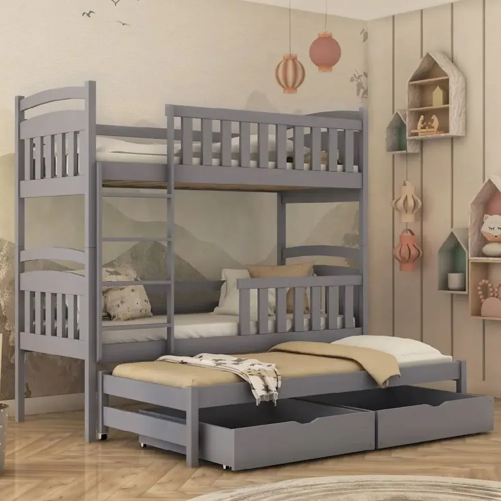 Vernal Bunk Bed with Trundle and Foam Mattress - Grey
