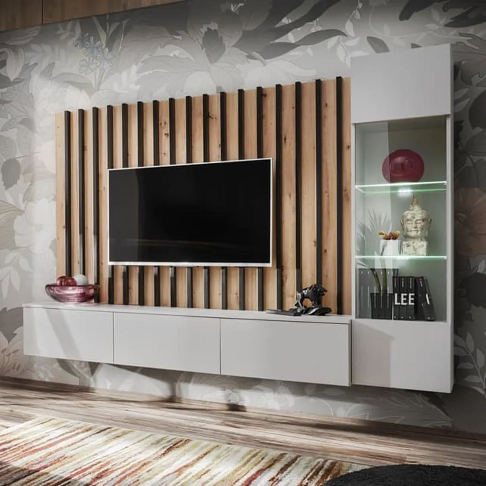 Vernon Entertainment Unit with LED Storage - Pearl Grey, Oak
