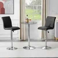 Vetro Round Bar Table with 2 Ripple Stools - Clear Glass, Black
