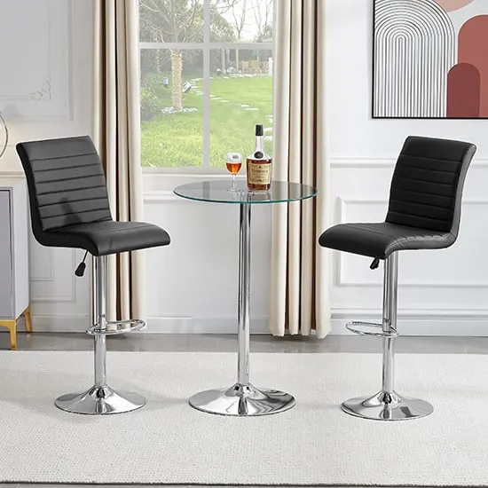 Vetro Round Bar Table with 2 Ripple Stools - Clear Glass, Black