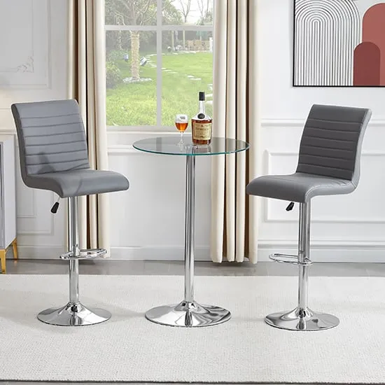 Vetro Round Bar Table with 2 Ripple Stools - Clear Glass, Grey