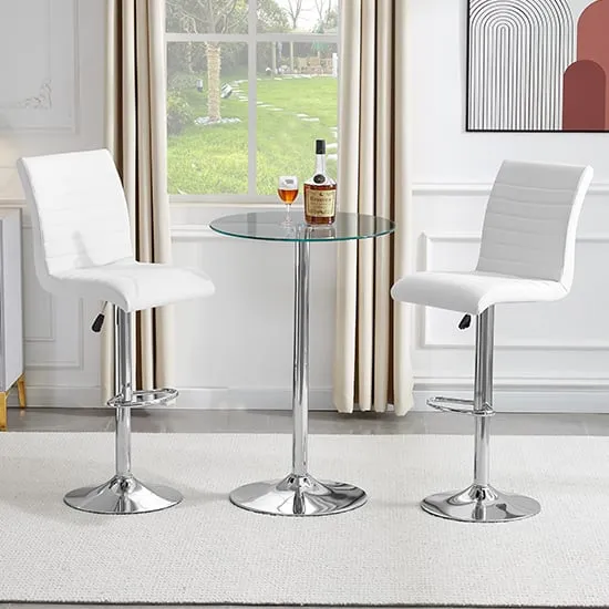 Vetro Round Bar Table with 2 Ripple Stools - Clear Glass, White