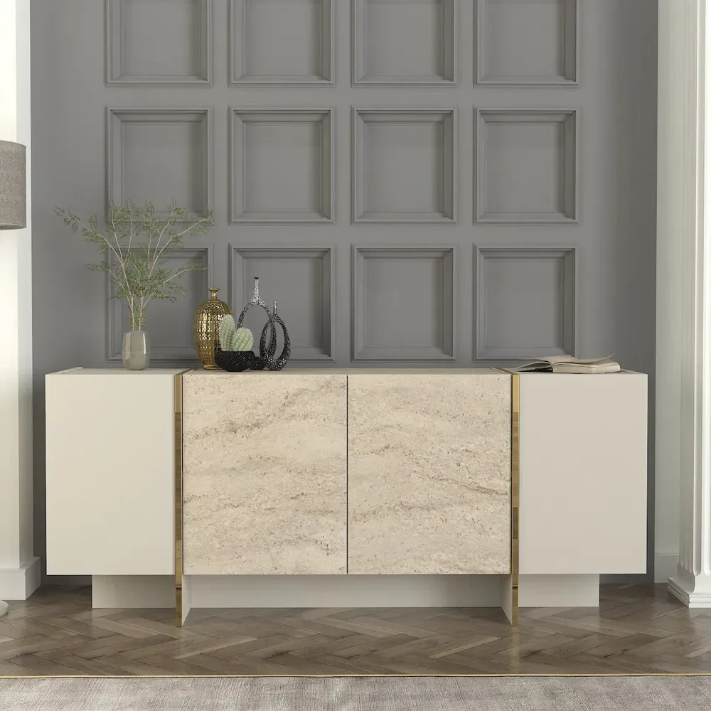 Veyron 4-Door Sideboard - Stone, Travertine Marble Effect product