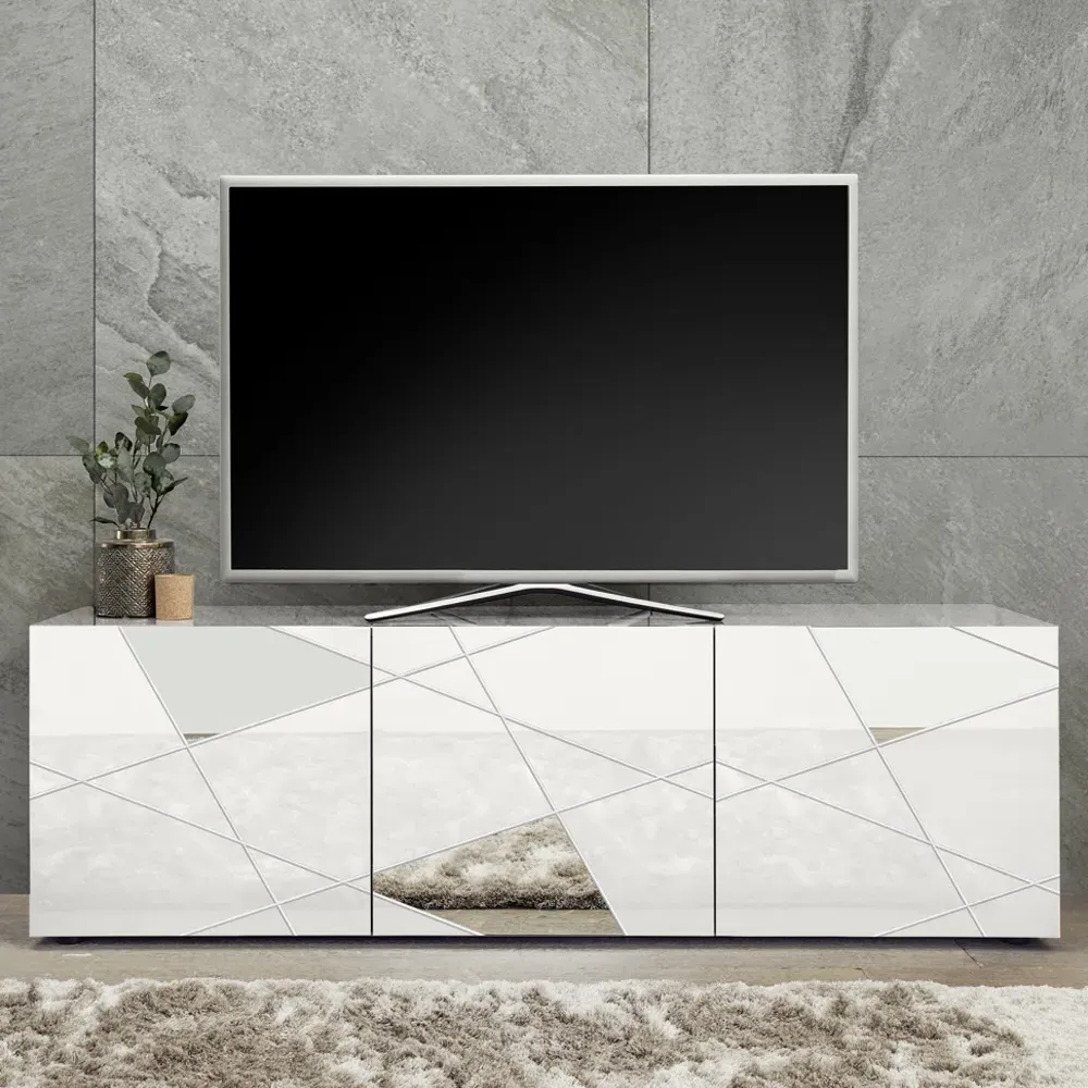 Victoria Mirrored TV Stand with 3 Doors - White, High Gloss product