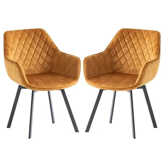 Viha Swivel Dining Chairs In Pair - Gold, Velvet image