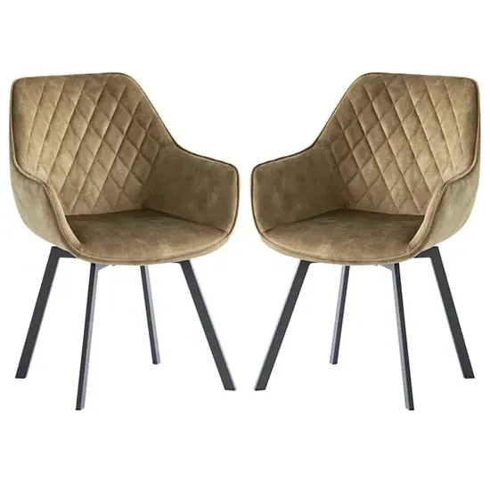 Viha Swivel Dining Chairs In Pair - Green, Velvet