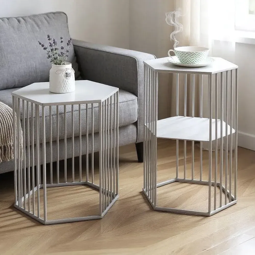 Vineland Hexagonal Nest of 2 Tables - Grey, Metal