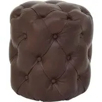 Viroqua Round Stool with Button Tufting - Coffee, Leather