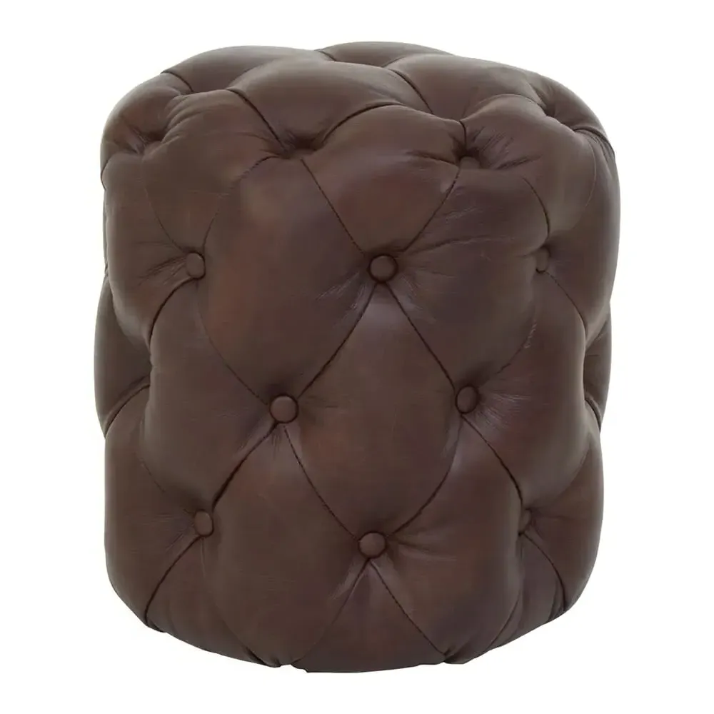 Viroqua Round Stool with Button Tufting - Coffee, Leather image