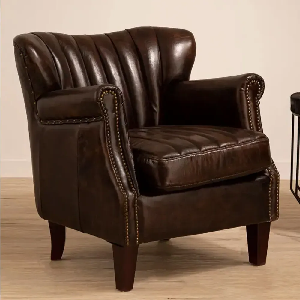 Viroqua Winged Bedroom Chair - Brown, Genuine Leather