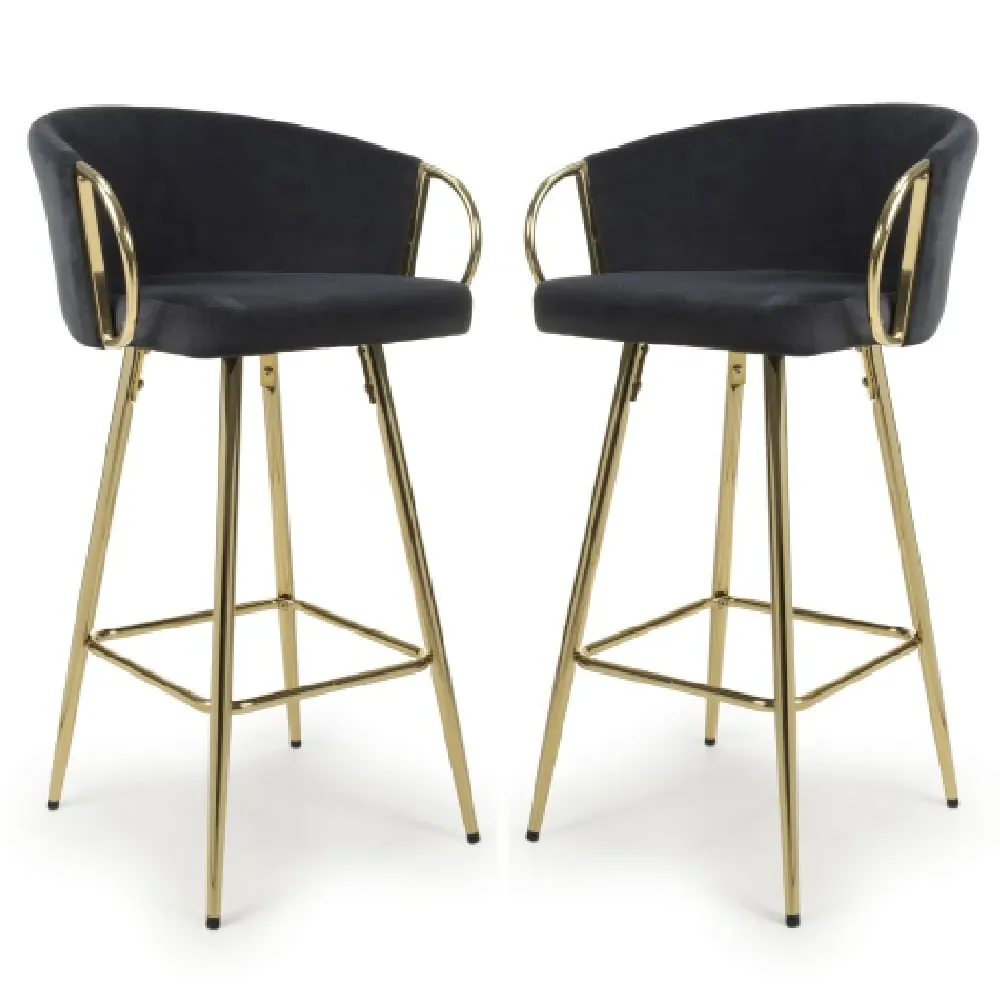 Visalia Bar Stools with Gold Legs - Black, Velvet image