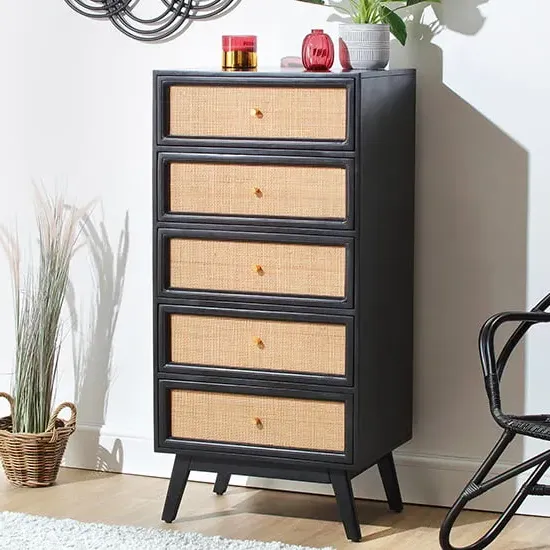 Vlore Narrow 5-Drawer Chest of Drawers - Black, Mango Wood