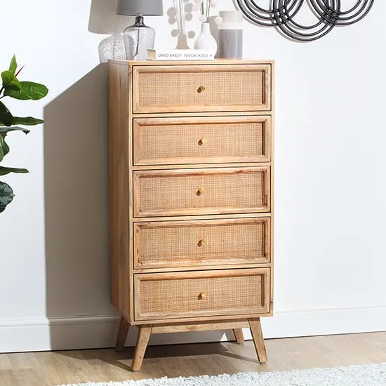 Vlore Narrow 5-Drawer Chest of Drawers - Natural, Mango Wood