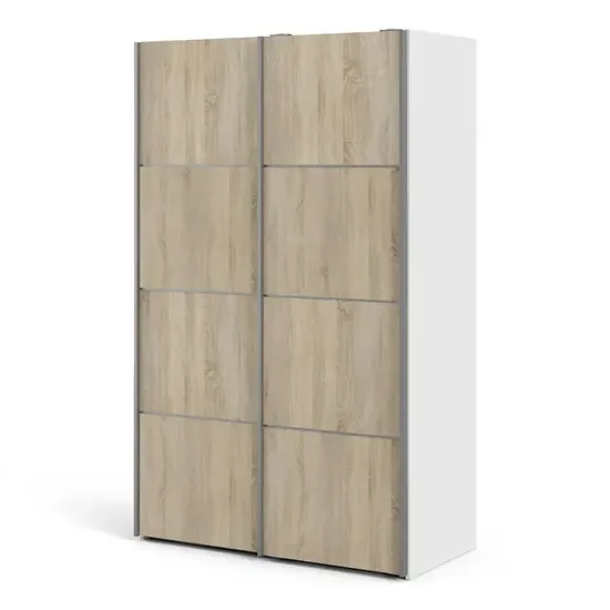 Vrok Sliding Wardrobe with 5 Shelves - White, Oak