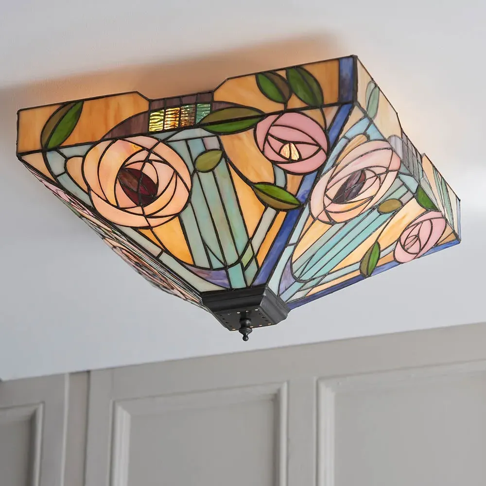 Walhalla Large Tiffany Glass Flush Ceiling Light - Multicolour