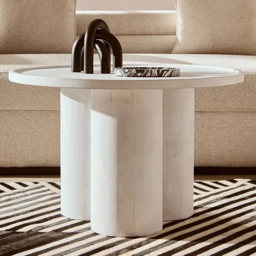 Walhalla Round Coffee Table with Column Base - White, Mango Wood