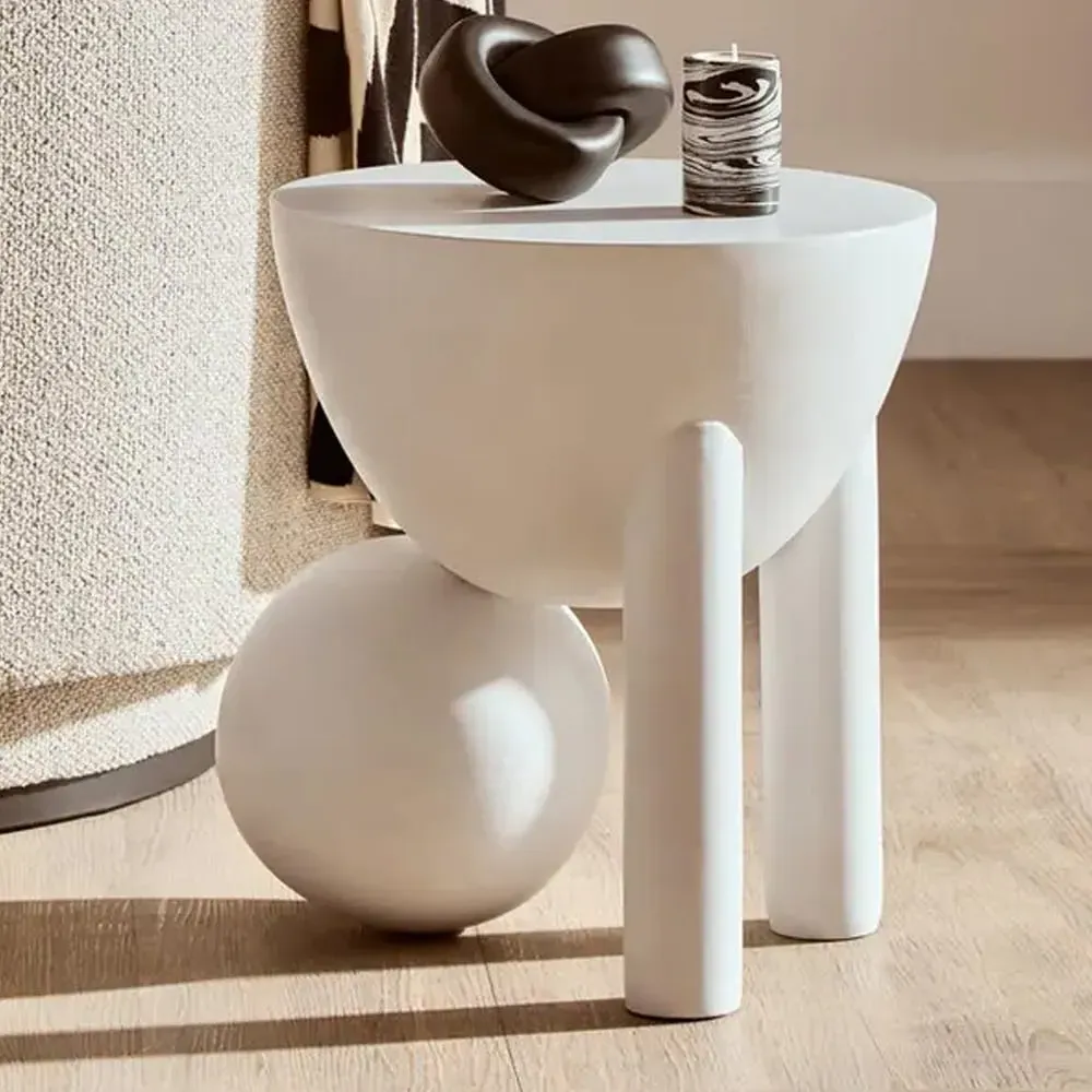 Walhalla Round Side Table with Sphere Base - White, Mango Wood