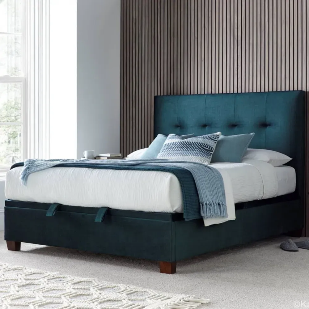 Walker King Size Ottoman Bed with Storage - Deep Ocean, Velvet