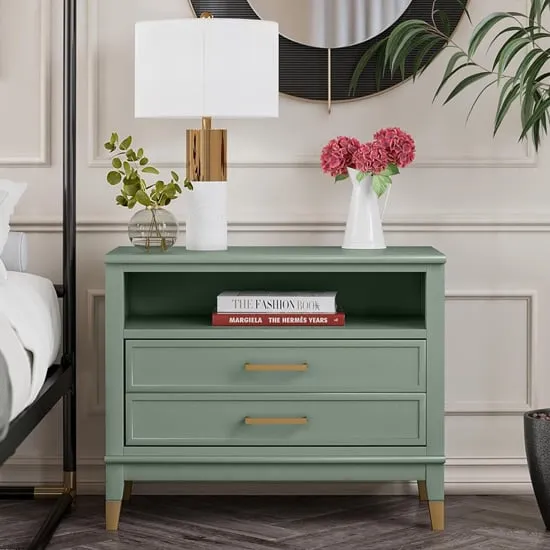 Waller Wide Bedside Cabinet with 2 Drawers - Pale Green, MDF image